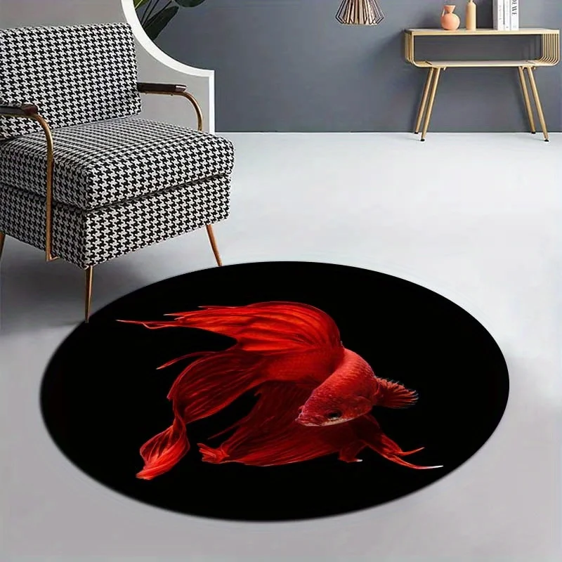 Red Betta Fish Round Rug Flannel Black Background Aquarium Pet Lover Decor Modern Minimalist Living Room Bedroom Floor Mat Soft