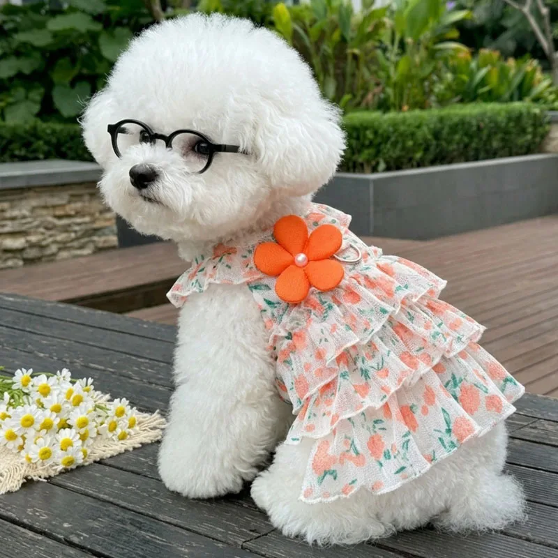 

Floral Pet Clothes Summer Sweet Girl Dress Ruffle Collar Cake Skirt For Small Dogs Bichon Frise Poodle Female Dog Hoodie Dresses