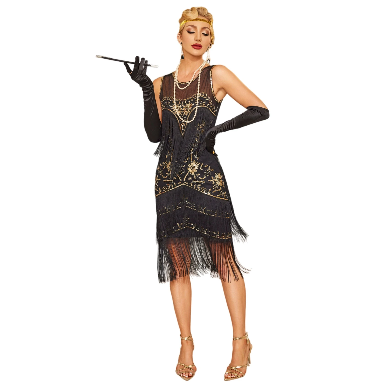 

Vintage 1920s Flapper Dress for Women Sequin Beaded Tassel Hem 20s Dress Formal Evening Gown for Banquet Anniversary
