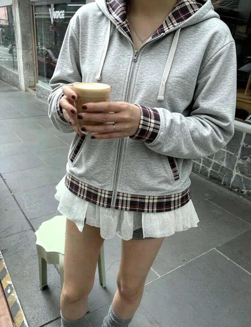 Women's Zip Up Hoodie Plaid Patchwork Slim Fit Long Sleeve Drawstring Sweatshirt Casual Y2K Streetwear Harajuku Jacket Pockets
