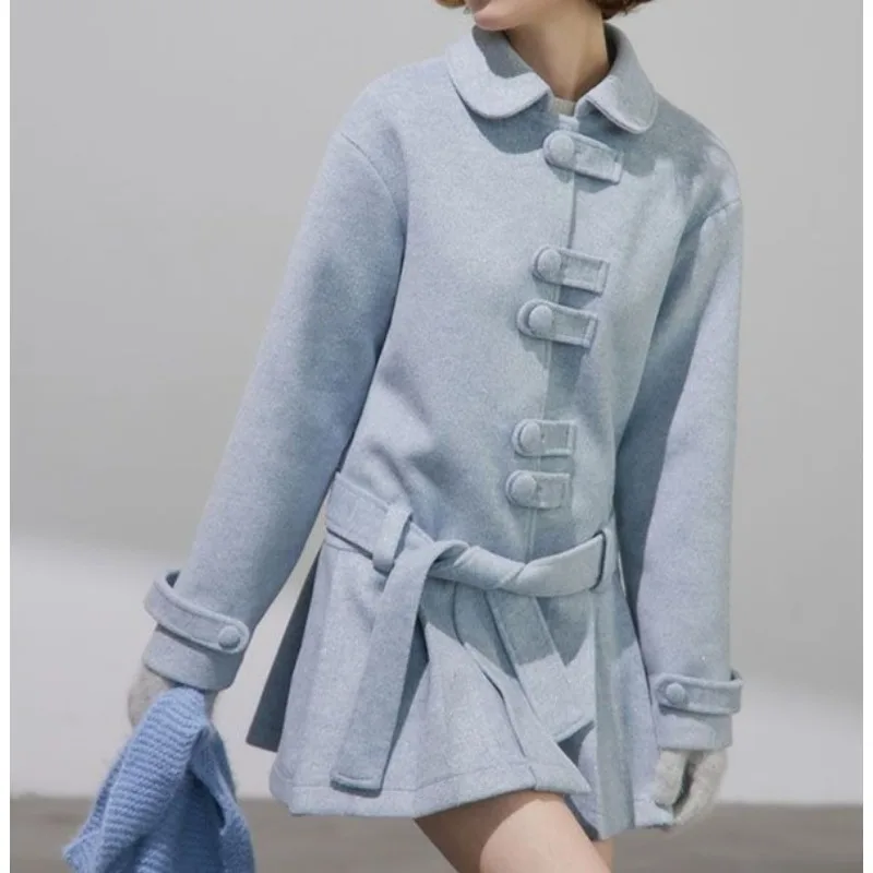 Blue Woolen Coat Women's Winter New Medium and Long High-end Thin Woolen Coat