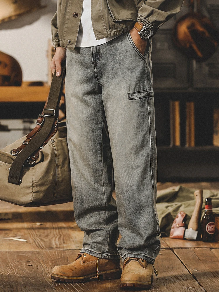 

Американские классические прямые мужские джинсы в стиле ретро, свободные повседневные рабочие брюки, молодежные модные хлопковые и полиэстеровые прочные