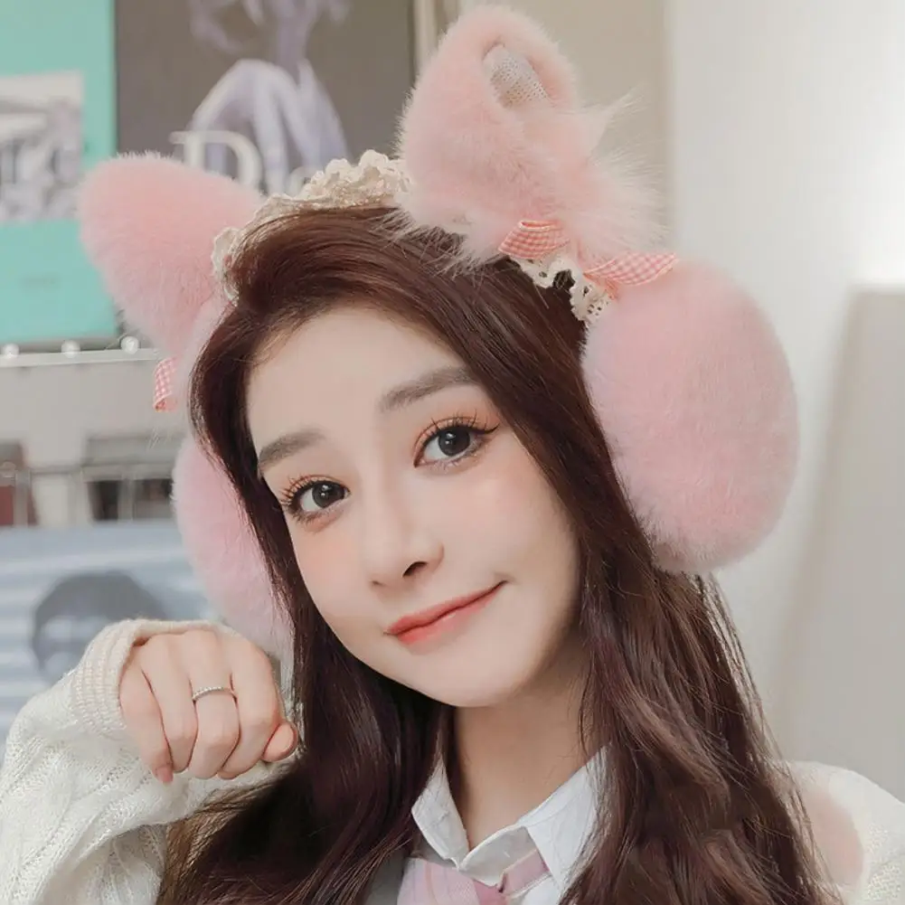 Earmuff Foldable Plush Cat Ears Shape Solid Color Lolita Style Keep Warm Anti-slip Faux Fur Winter Ear Covers Winter Stuff