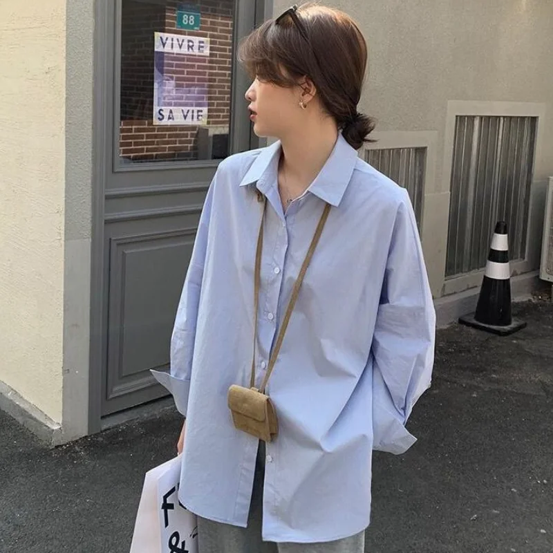 

Spring Summer Casual Soft Cotton Blue Blouse Fashion New Loose Versatile Solid Color Women's Work Long Sleeve Blouse