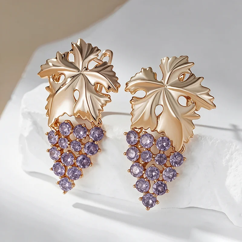 Wbmqda Glänzende Zirkon-Ohrringe in Traubenform, lange Hängeohrringe für Damen, 585er Roségoldfarbe, modischer Zirkon-Schmuck für den Urlaub.