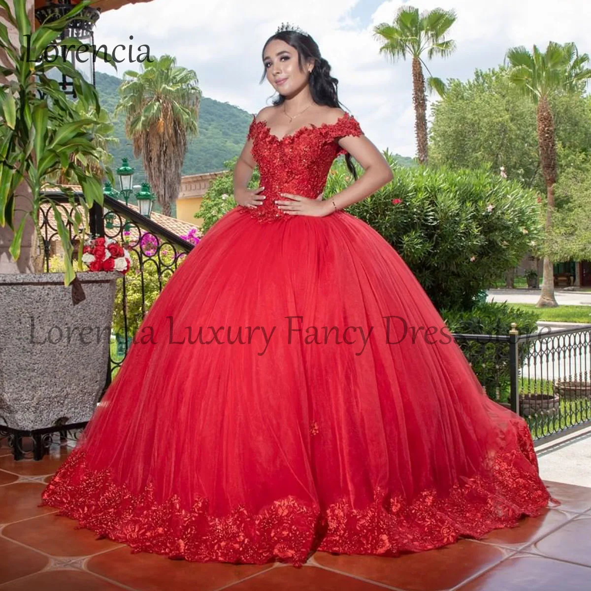 Мексиканское красное платье Quinceanera, официальное бальное платье с открытыми плечами и бусинами, милое 1516 2024, аппликация 3D цветочные платья XV лет