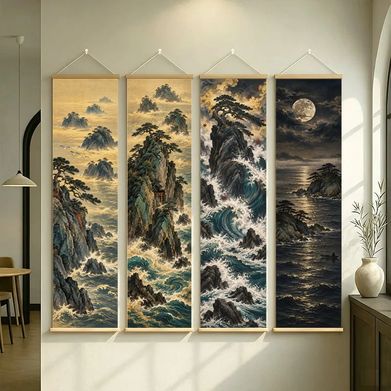 Mountain and Wave Wall Art with Pine Forests, Waterfalls and Moon on Silver Shimmer Canvas for a Dramatic Living Room