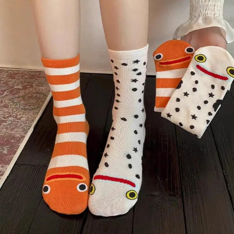 3/1 Pairs White Garden Eel Fun Autumn New Style Boneless Cotton Soft and Versatile Design Women's Mid-Calf Socks