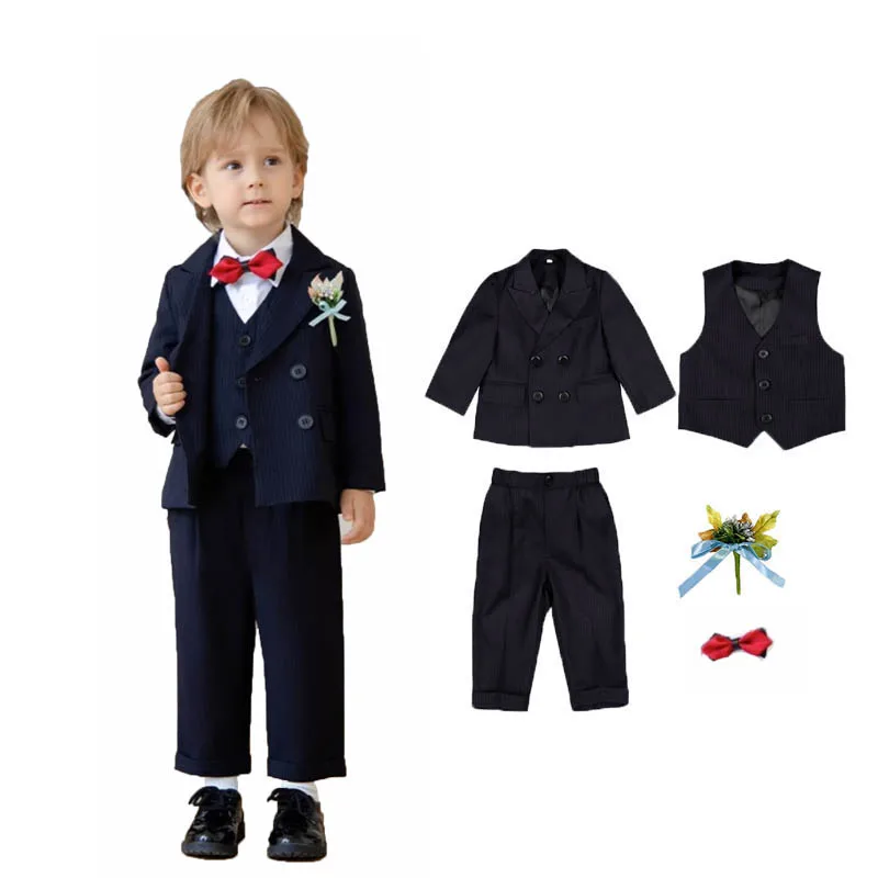 Boys Stripe 5Pieces/Set Jacket Vest Pants Bowtie Flower Wedding Suit Children Tuxedo Dress Kids Photograph Performance Costume