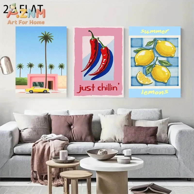 Retro Summer Fruit Palm Car Canvas Wall Art 3pcs Chili Lemon Vintage Tropical Poster Unframed Canvas Print For Kitchen Living