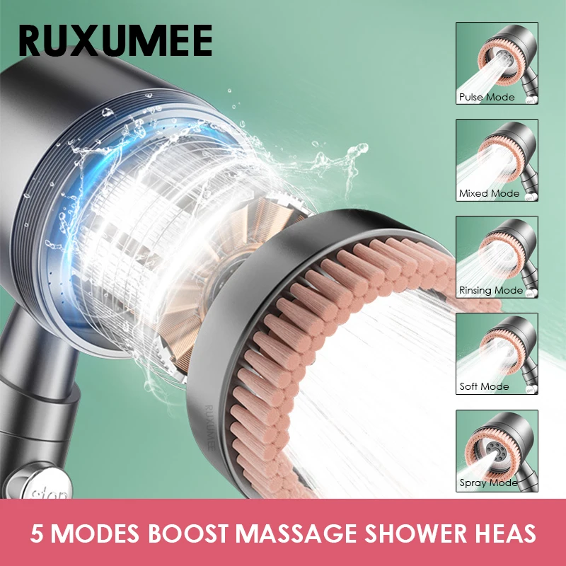 High Pressure Filter Shower Head 5 Modes Pressurized Booster Rainfall Handheld Stop Adjustable With Massage Bathroom Acessories