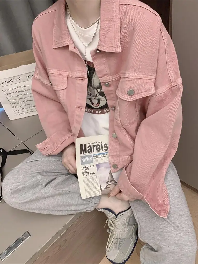 

Denim Coat Embossed Womens Fall Suede Open-Front Loose-Fitting Hiking Festival Graffiti Layered Checked Jackets Distressed Girls