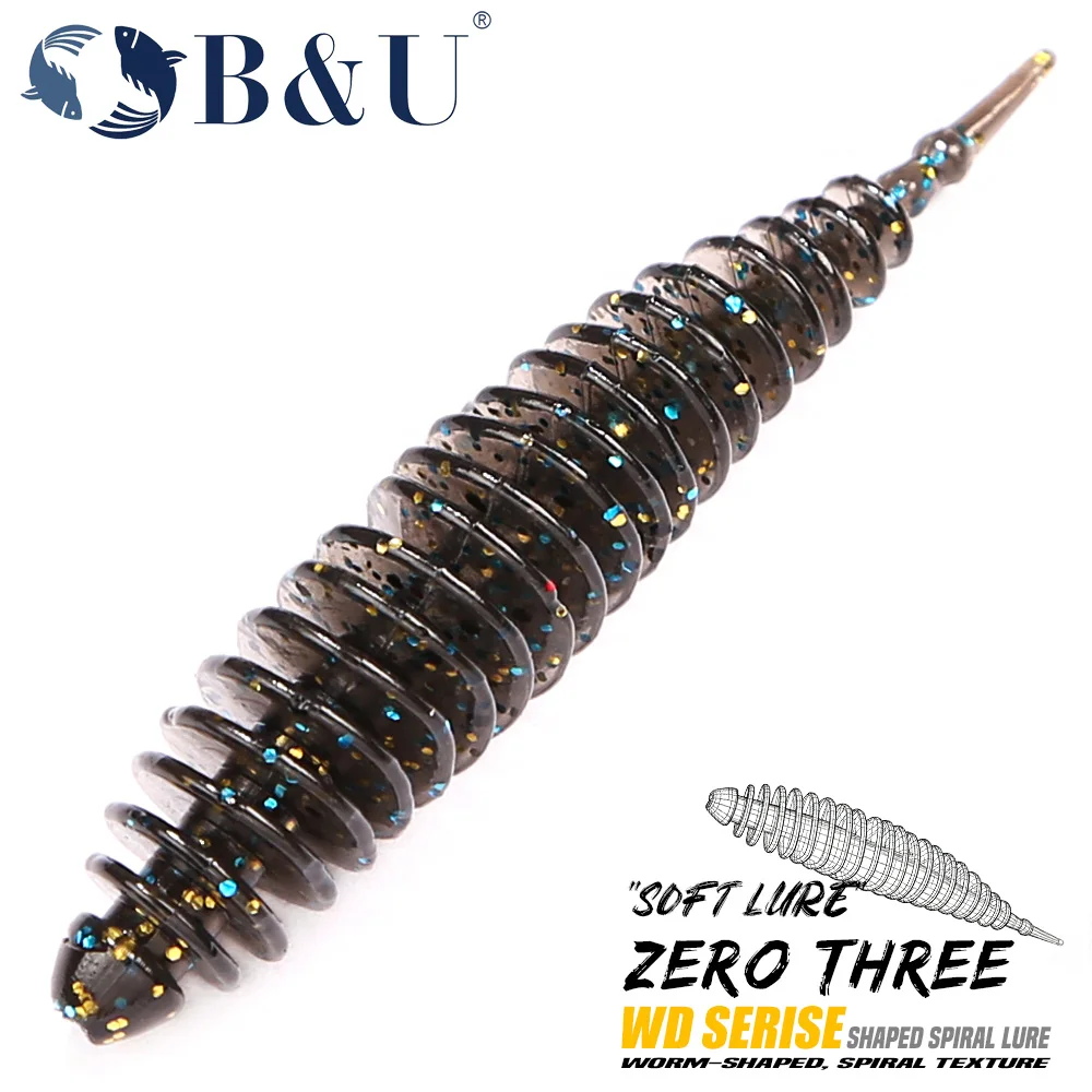 Leurre de pêche souple B&U WD SERIES ZERO THREE, appât en spirale avec paillettes, pêche en eau douce et en eau salée, pêche au black-bass, à la truite
