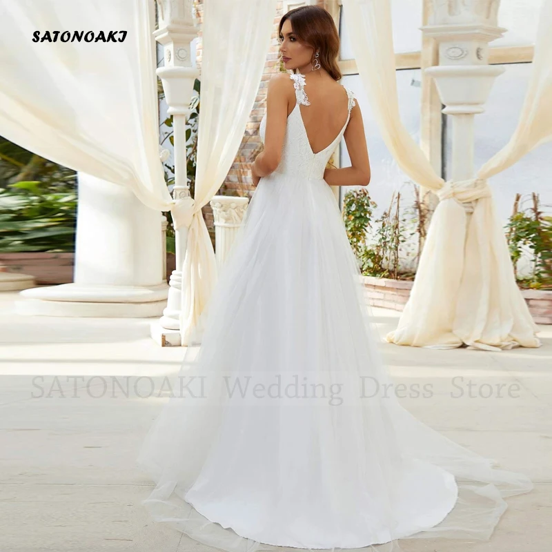 Abito da sposa con spalline sottili con scollo a v Boho elegante personalizzato per le donne abito da sposa principessa a trapezio senza schienale Vestidos De Novia