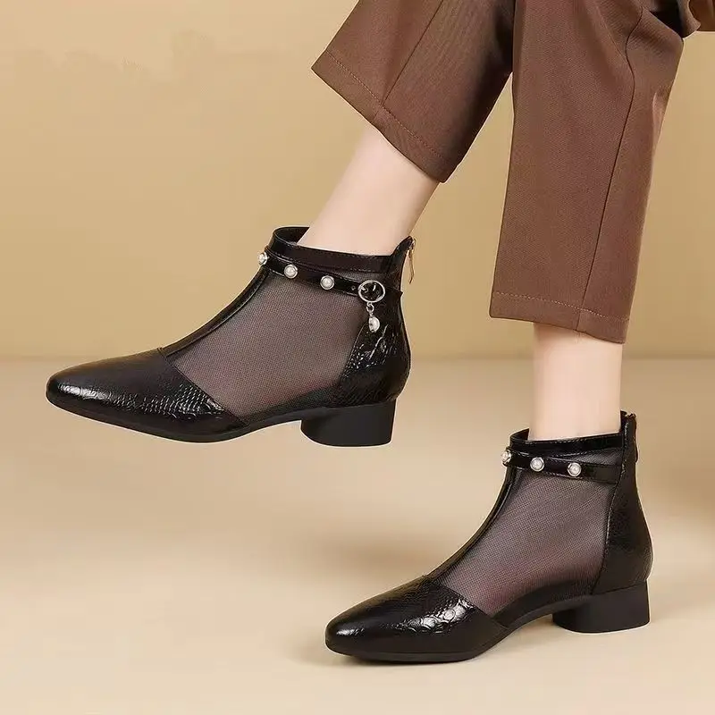 

Women's Low Heel Leather Mesh Ankle Boots Soft Sole Non Slip Pointed Toe Spring Summer New Breathable Zippers Light Cool Boots