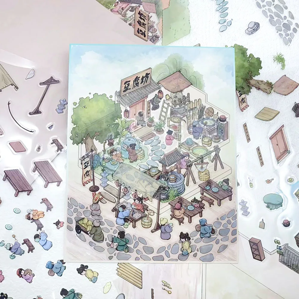 

4pcs Big Size Tofu Workshop Miniature Scene 3D Landscaping Stickers DIY Scene Stacking and Pasting Hand Account PET Stickers