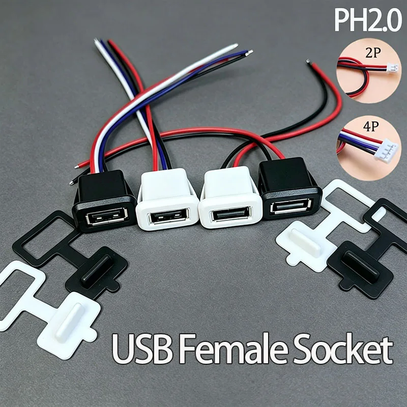 1PC USB 2.0 2/4Pin Female Power Jack Charging Port Connector With PH2.0 Cable Electric Terminals USB Charger Socket