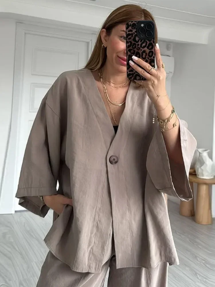 Calças de linho de algodão outfits feminino casual solto decote em v um botão meia mangas define feminino 2025 primavera verão sólido conjunto macio