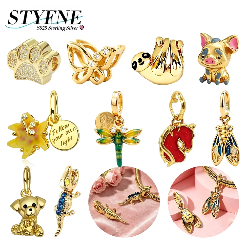 925 Silber Goldene Tierpfoten-Abdruck-Charms: Faultier, Schwein, Hund, Libelle, Schmetterling, Pferd - Passend für Armbänder, Anhänger, DIY-Schmuck, Geschenk