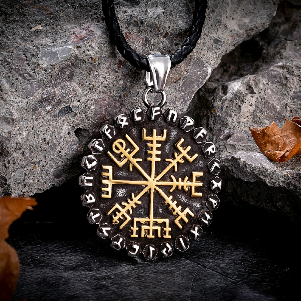 Never Fade Mens Viking Compass Necklaces Double-sided Nordic 24 Runes Pendant Trident Amulet Antique Stee Scandinavian Jewelry