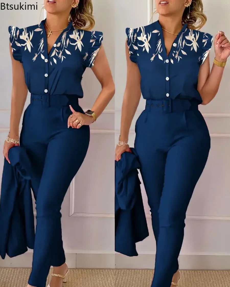 2024 Women\'s Summer Floral Print Shirt and High Waist Pants with Belt Women 2pcs Office Suit Sets Slim 2 Pieces Suit Pants Sets