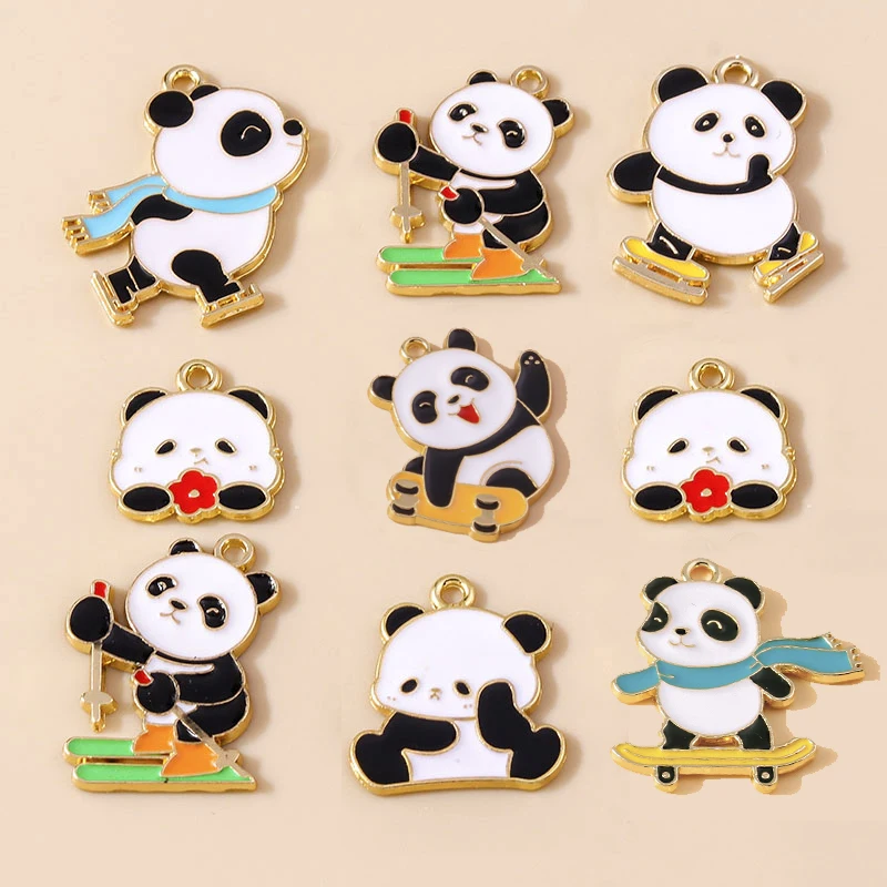 Leslie 10pcs Cute Cartoon Sports Ice-skating Skiing Panda Charms for Necklace Earrings Pendant DIY Jewelry Making Accessories