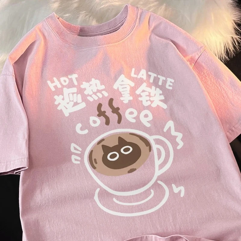 

Hot latte coffee cat cartoon print summer boy and girl pure cotton short sleeved T-shirt top