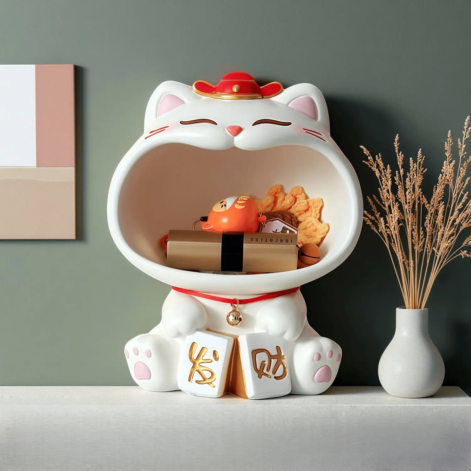 

Fortune Cat Key Storage Figurine, Resin Desktop Decor, Creative Home Gift for Living Room & Entrance, Housewarming Present