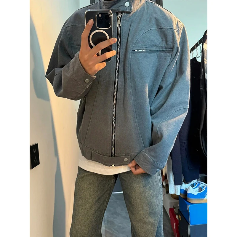 

Винтажная мужская джинсовая куртка-харрингтон на молнии, свободного кроя, для весны и осени, в стиле рабочей одежды, повседневная, модная, высокого качества