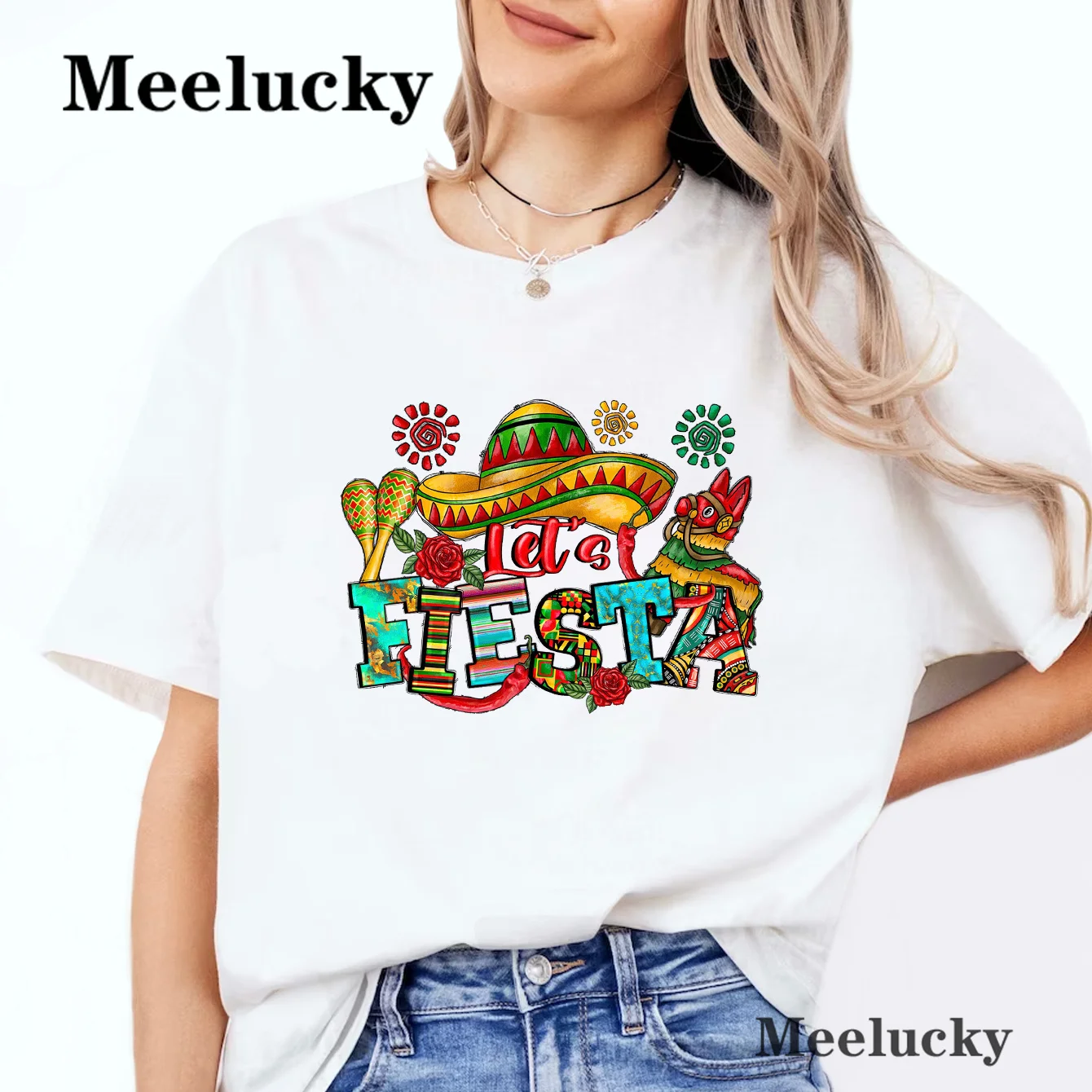 

Let's Fiesta Vintage T-shirt Women Leisure Pure Cotton Summer Short Sleeve Graphic Crew Neck T-Shirt Clothes for Women