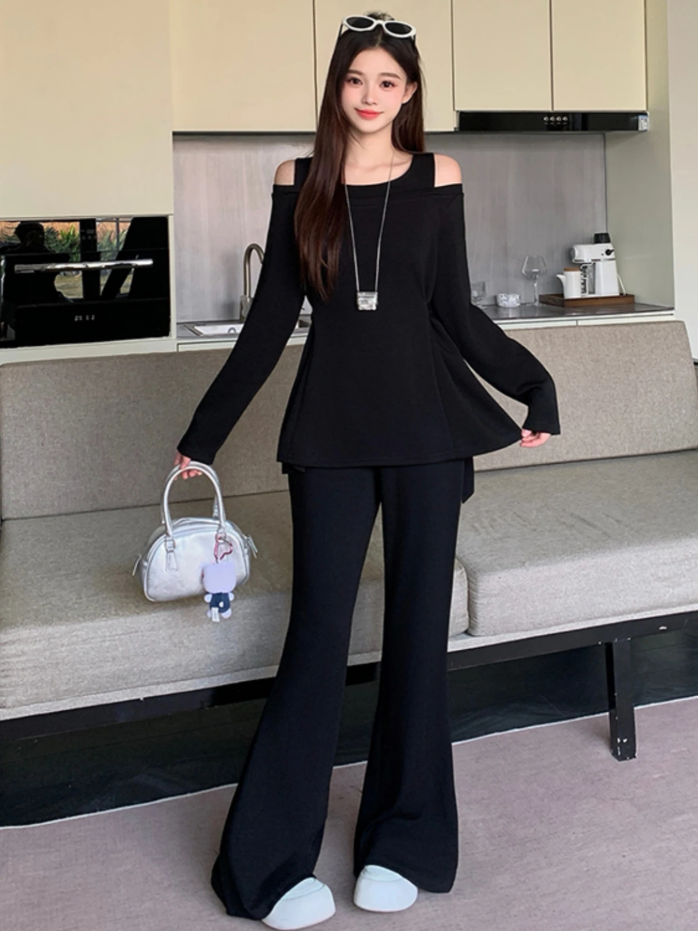 Spring Autumn Women's plus Size Fashion Set Shoulder Exposure One-Shoulder Top Flared Pants High Waist Trousers Two-Piece Set