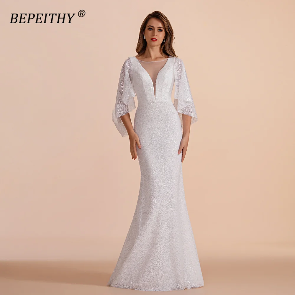 BEPEITHY Customized V Neck Sequins Evening Party Gown For Women 2023 Half Sleeves Full Length Spring Prom Formal Dresses Vintage