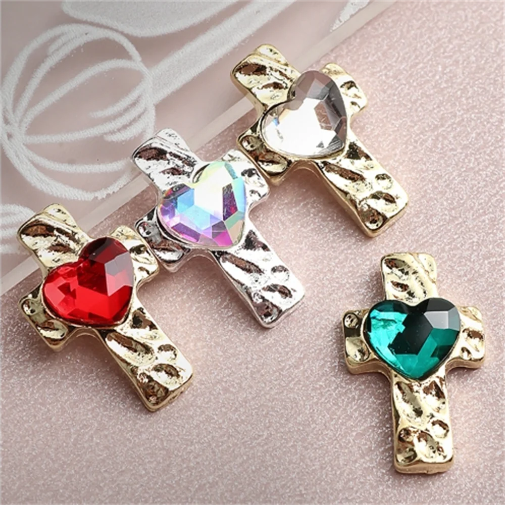 

30Pcs Luxury Fingernails Crystal Rhinestone Decor Alloy Heart-Shaped Jewelry Gem Metal Golden Silver Cross With Diamond Ornament