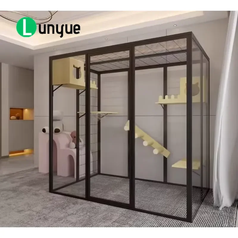 Large Panoramic Luxury Cat House Villa 183x120x186cm Black Anodized Aluminum Frame Indoor Cat Climbing Cabinet Spacious