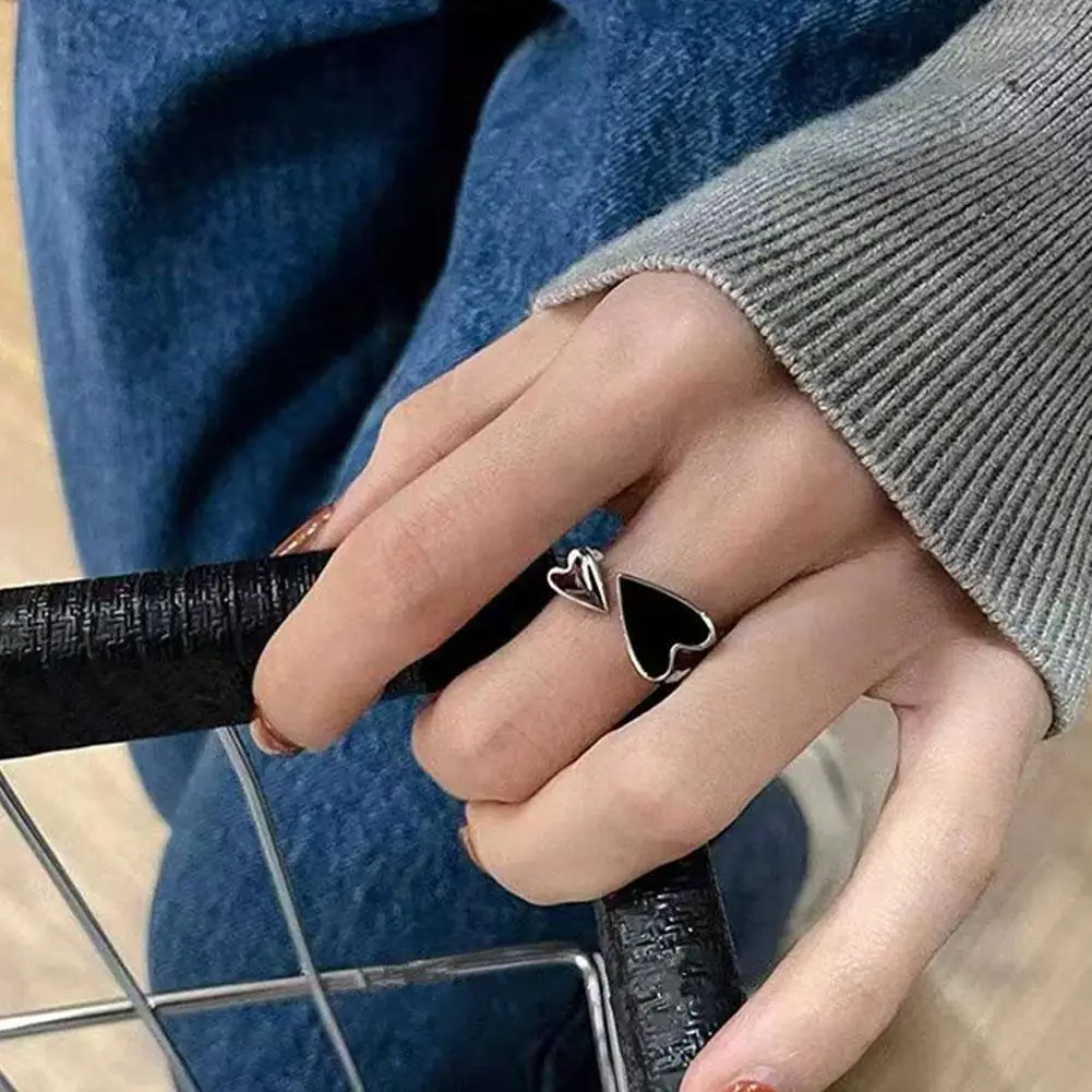 Two-color Black Heart Rings For Women Minimalist Aesthetic Drop Of Oil Open Rings Female Metal Party Jewelry - Image 3