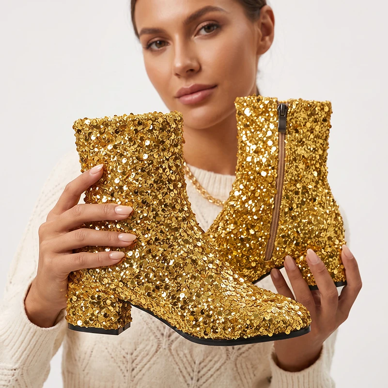 Plus Size Women Glitter Sequin Fabric Ankle Boots Round Toe Mid Block Heel Side Zipper Mesh Lining Autumn New Fashion Short Boot