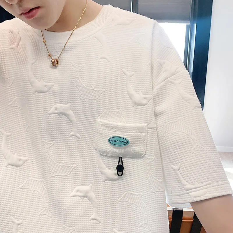 

EBAIHUI Men's Solid Color T-shirt Dolphin Embossed Design Male Short Sleeved Tee Summer Loose Round Neck Casual Versatile Top