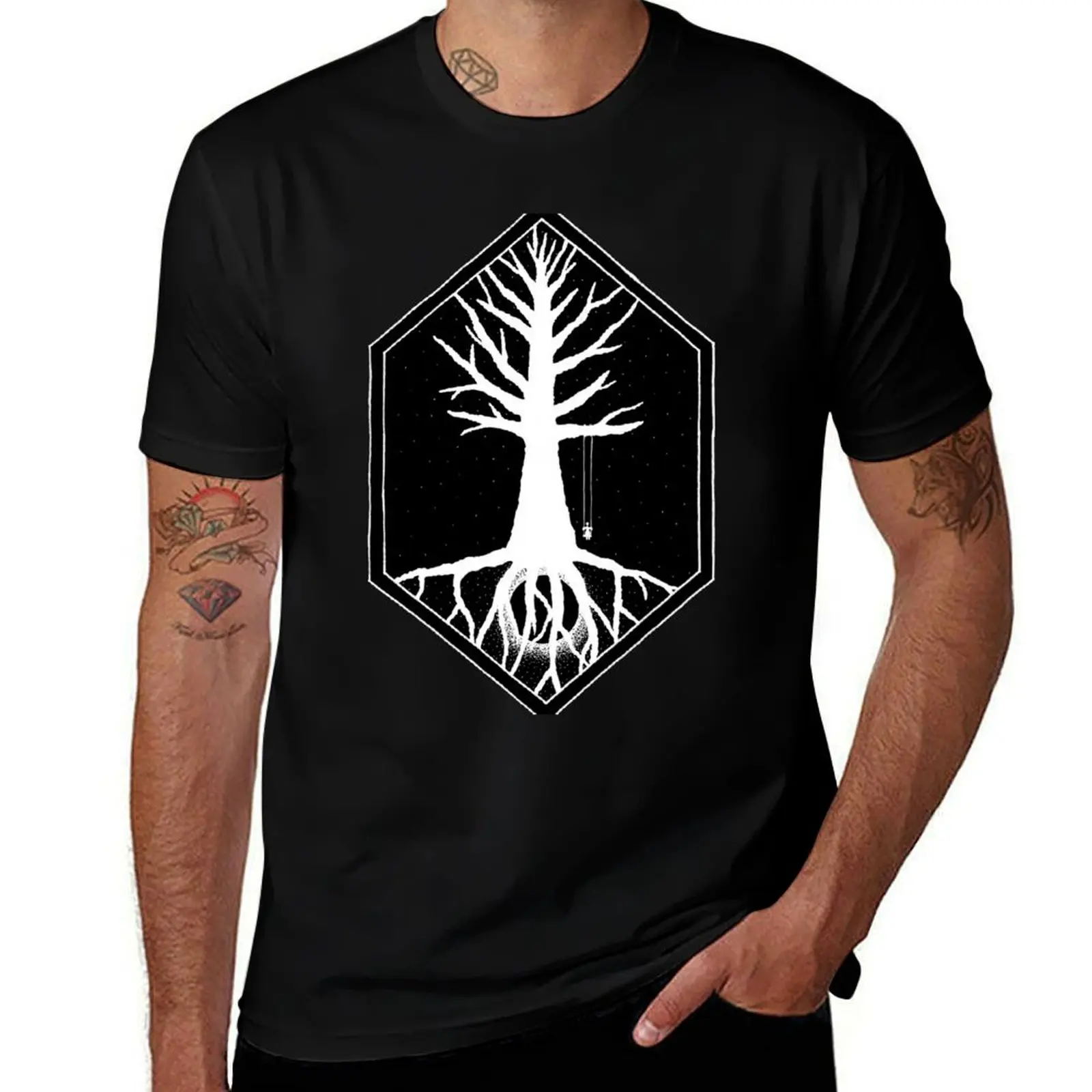 Up is Down inverted - Geometric frame silhouette tree with dotwork moon underneath T-Shirt Simple Line Art Print Tee