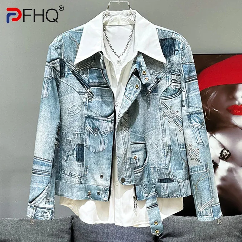 

PFHQ Men's Coat Tide Spliced Denim Button Zipper Design Popular Contrast Color Male Short Personality Jackets Summer New 21Z4502