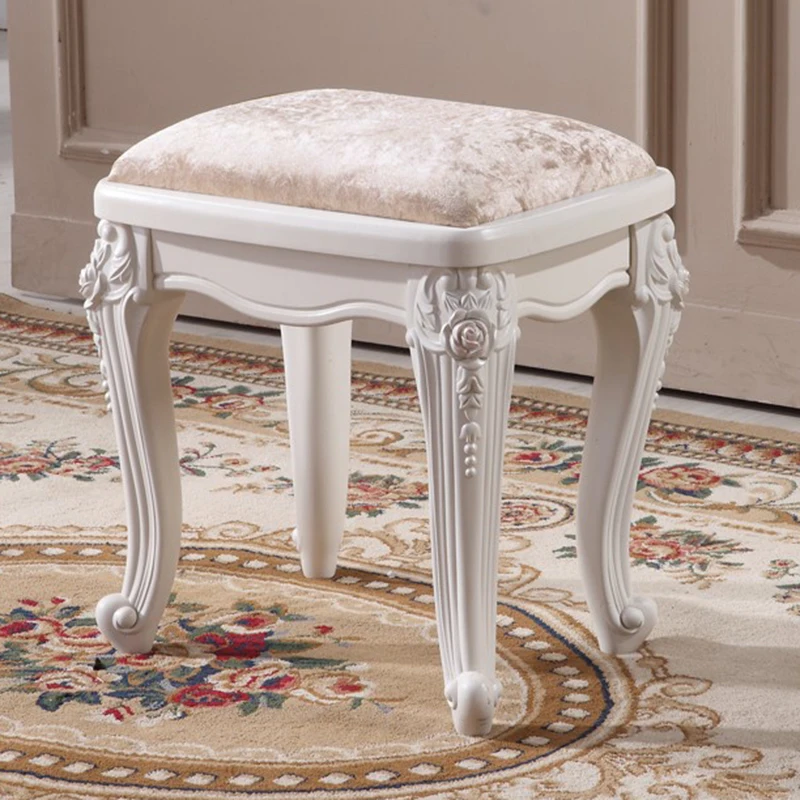 

Home bedroom living room stool soft surface soft bag high-end makeup stool European dressing stool small simple carved solid woo