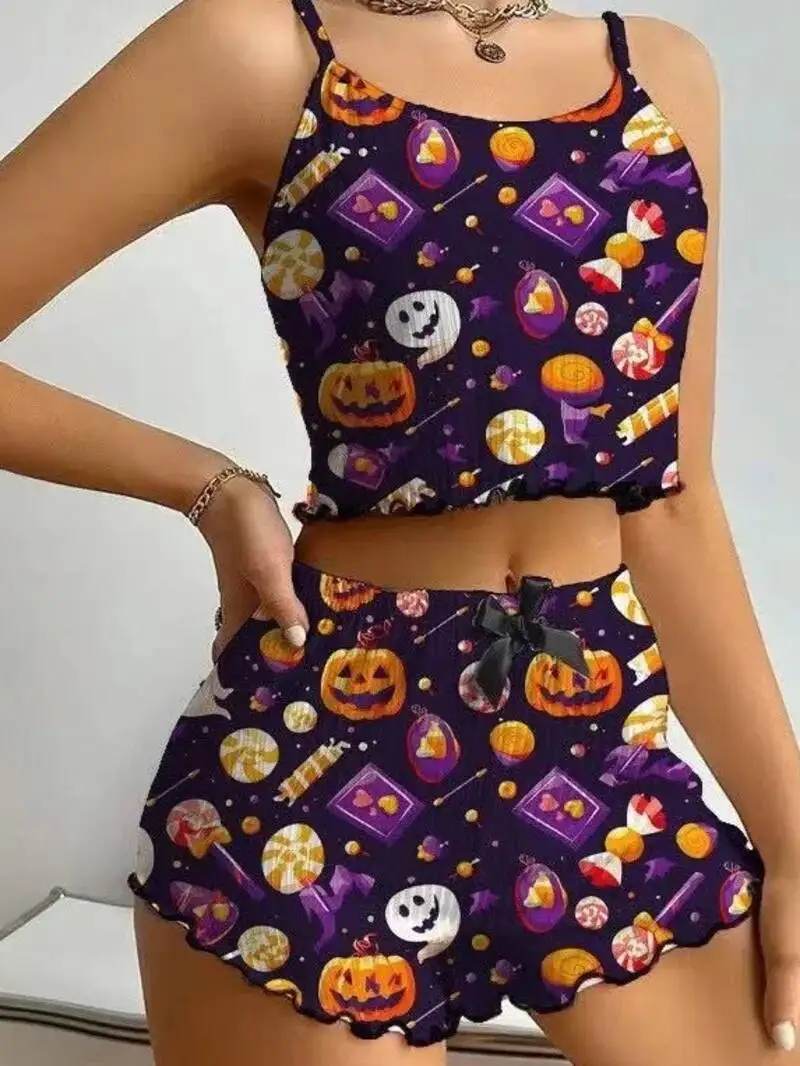 

Укороченный топ с принтом на Хэллоуин, комплекты шорт на подтяжках для женщин, сексуальный повседневный костюм для вечеринки, комплекты шорт Pure Desire, элегантные JK3K