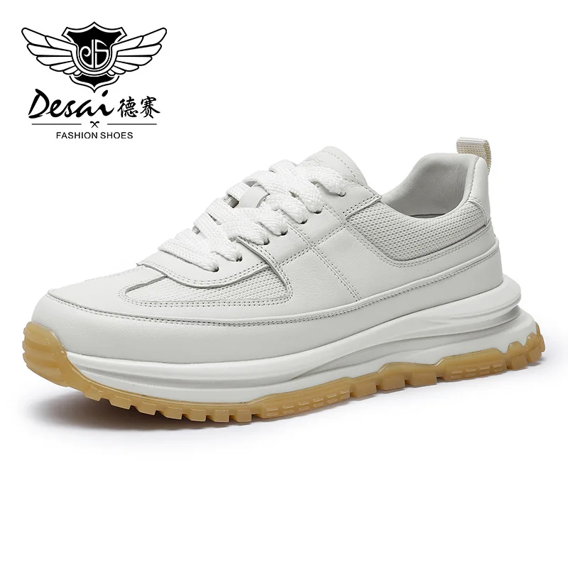 

Desai New Genuine Leather Casual Men's Shoes White Shoes Breathable Round Toe Thick Sole Running and Sports Shoes Versatile