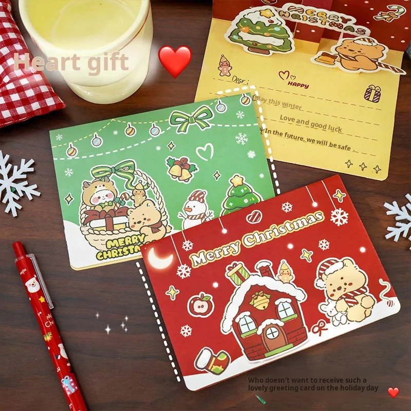 

10Pcs Cute Christmas 3D greeting card Christmas cartoon blessing message small card creative birthday card postcard