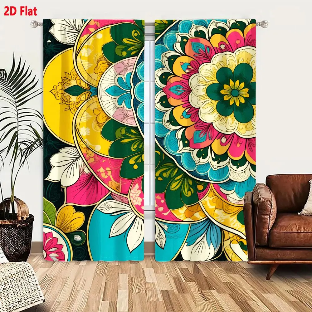 2Pcs Curtains 2D Flat Vibrant Mandala - Like Pattern with Overlapping Floral Geometric Motifs Vivid Colors on Dark Background Ar 2