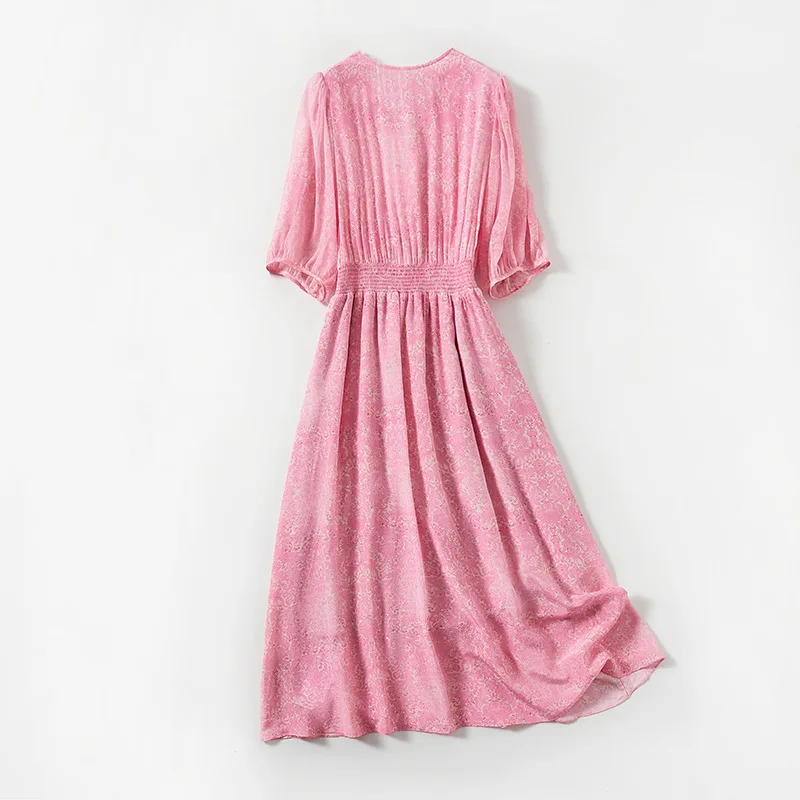 100% Real Silk Summer Dresses for Women 2026 Elegant Fashion V-neck Three Quarter Sleeve Vintage Print Woman Holiday Long Dress