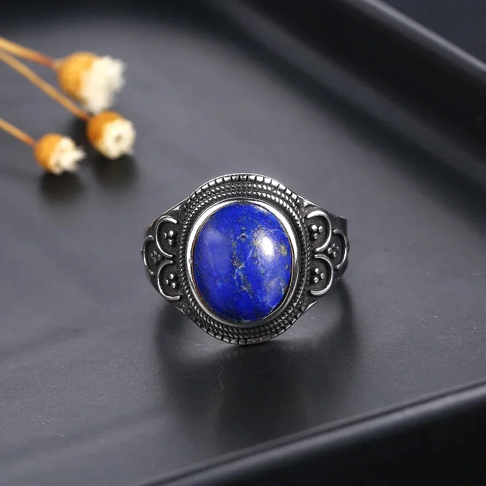 925 Sterling Silver Oval Natural Lapis Lazuli Ring for Women Men Gift Vintage Jewelry Large Ring