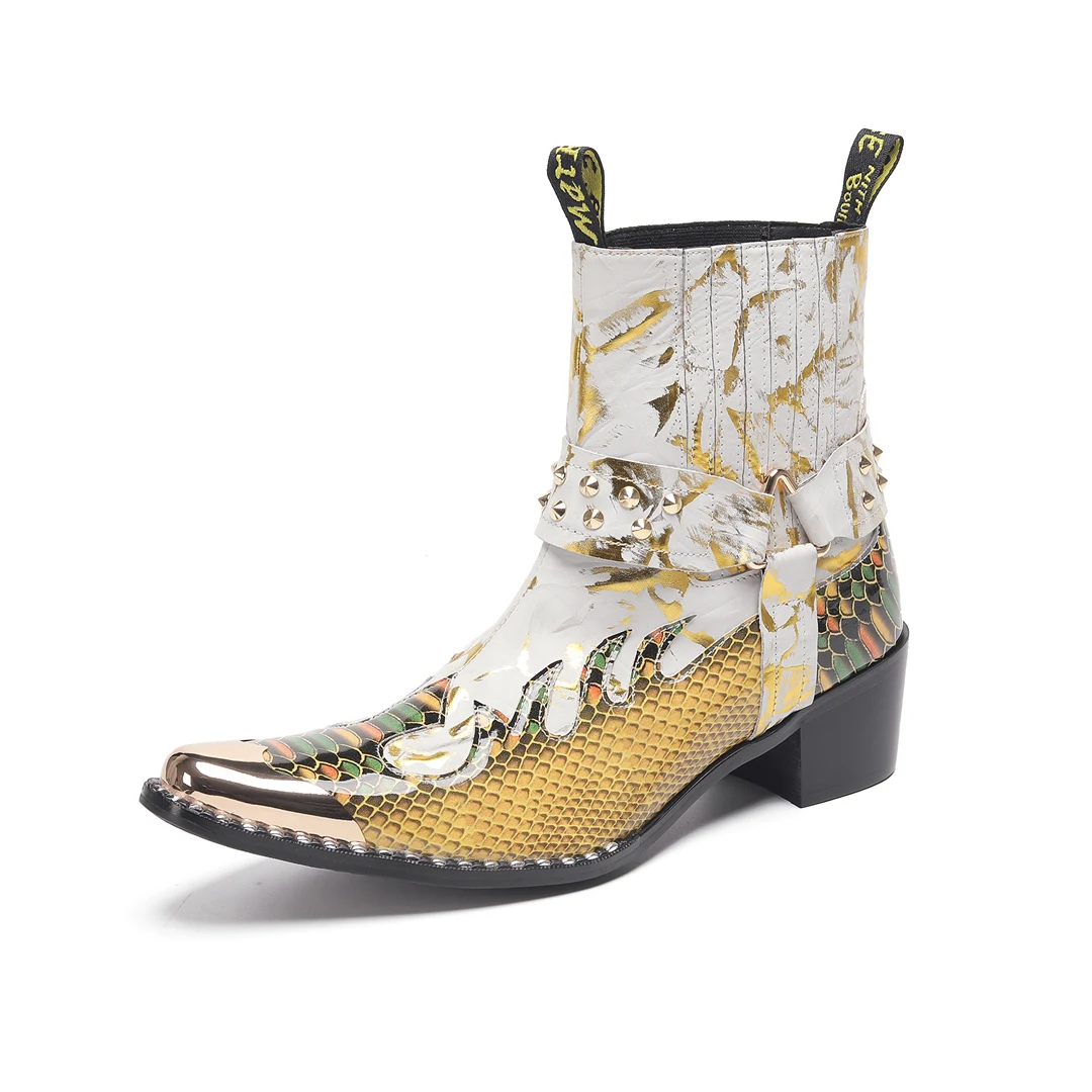 Herren-Designer-Stiefeletten aus echtem Leder mit Metallspitze, Nieten-Dekor und Print, Übergrößen, Cowboy-Motorrad-Schuhe für Business – Detail 14