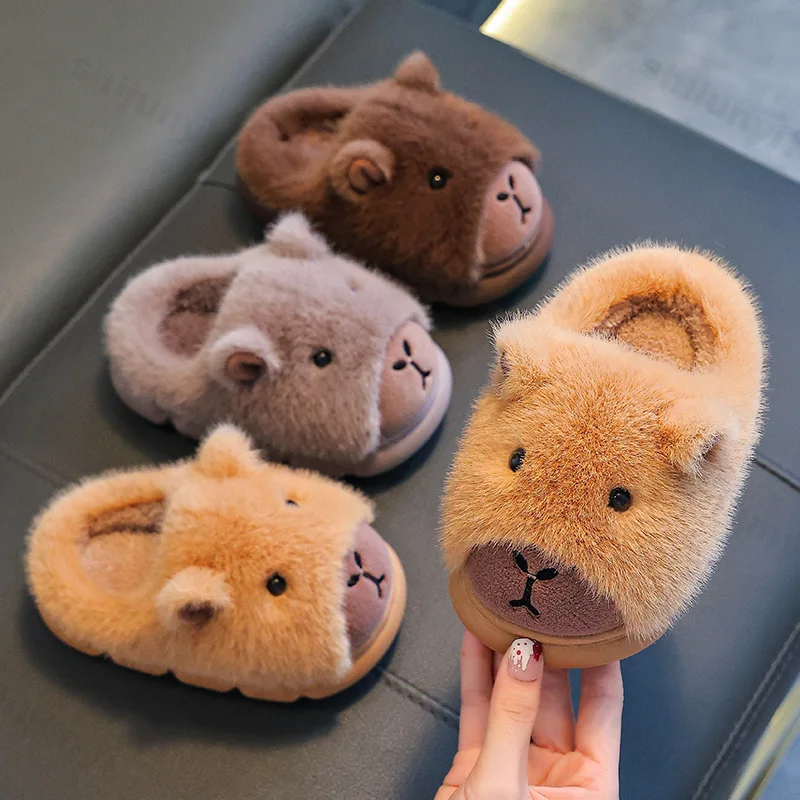 Capybara Children Slippers 2027 Winter New Cute Fluffy Cotton floor shoes woman Warm Indoor Cartoon Plush Floor Home Slippers