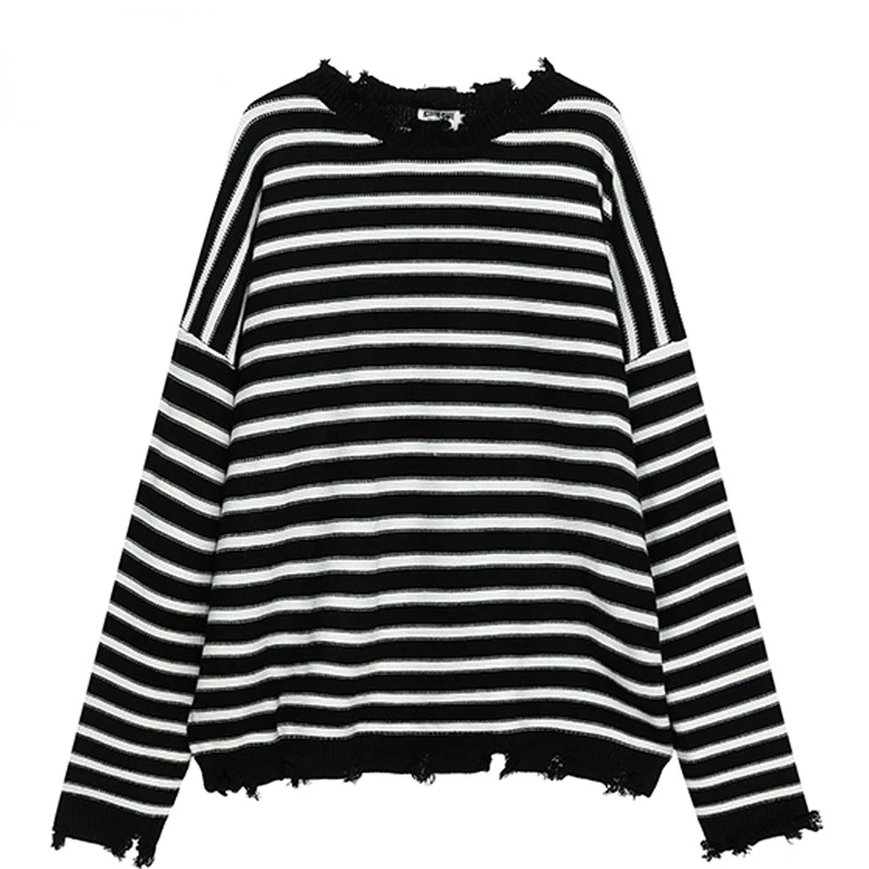 

Vintage Stripe Knitted Sweater Men Women Damaged Style Pullover Harajuku Sweater Autumn Cotton Loose Knitwear Hole Tops Unisex