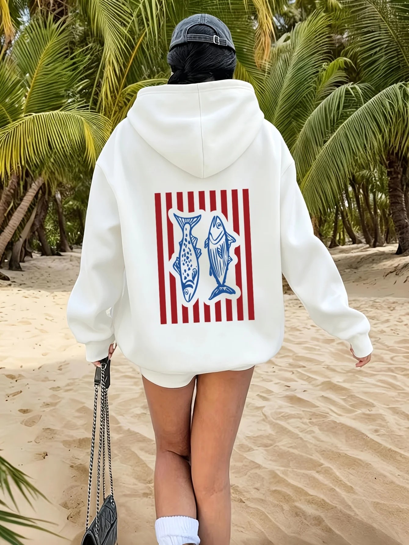 Women Fish Pattern Print Hoodie Unisex Autumn Winter Fleece Oversized Hooded Everyday Outdoors Hoodie for Any Occasion